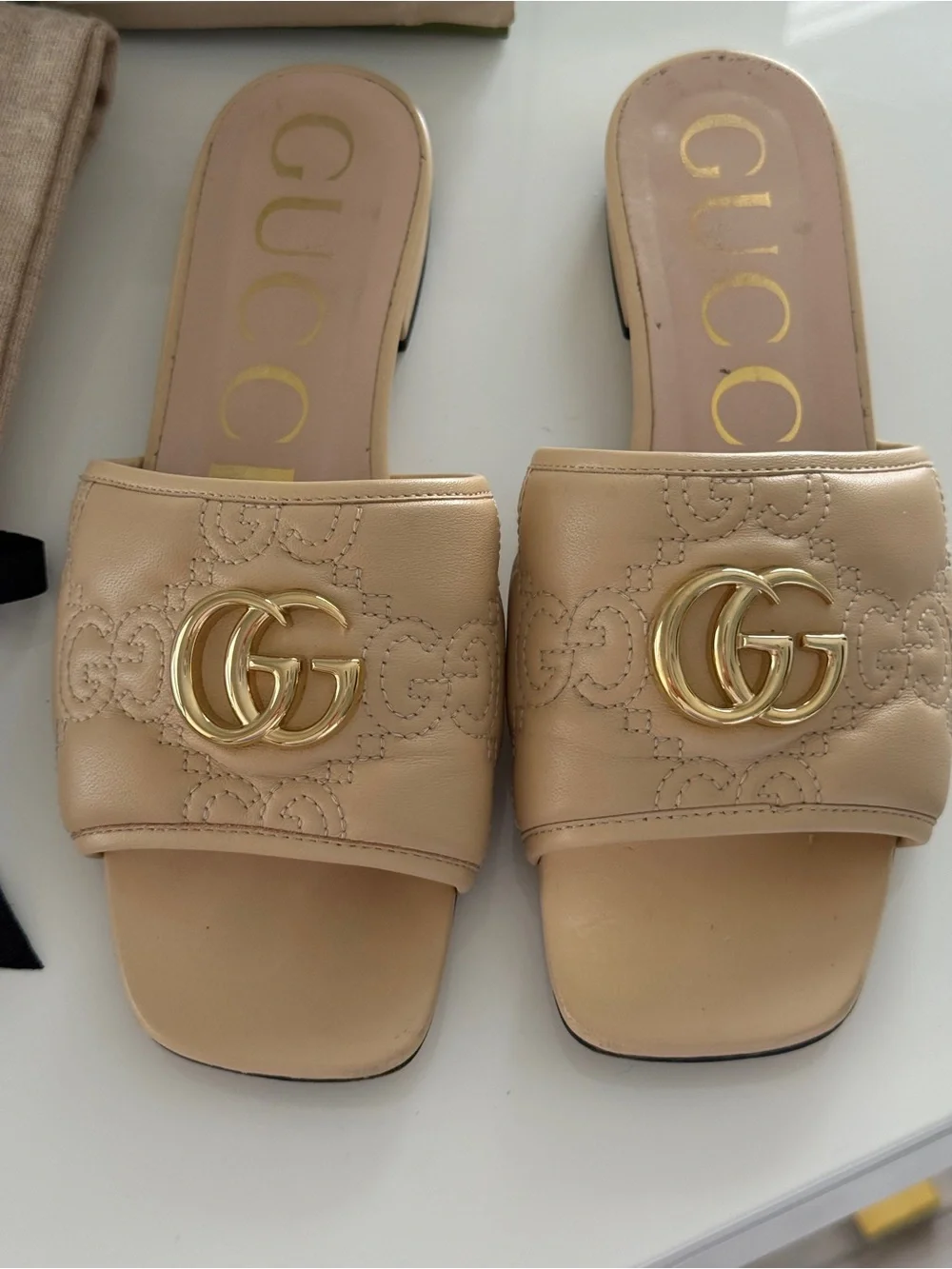 Gucci Women's Beige Matelasse Leather Slide Sandals
